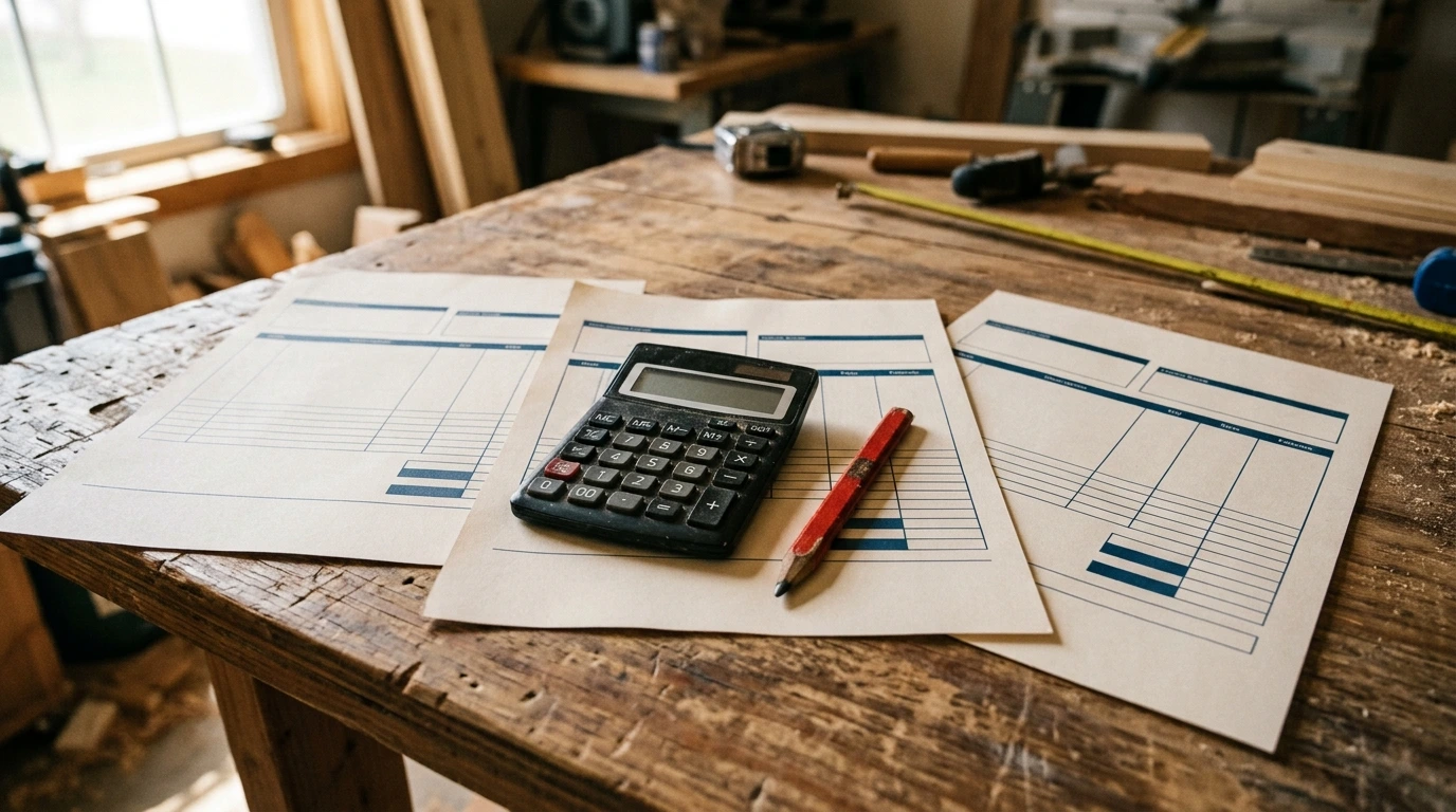 Trois devis de travaux étalés sur une table avec une calculatrice