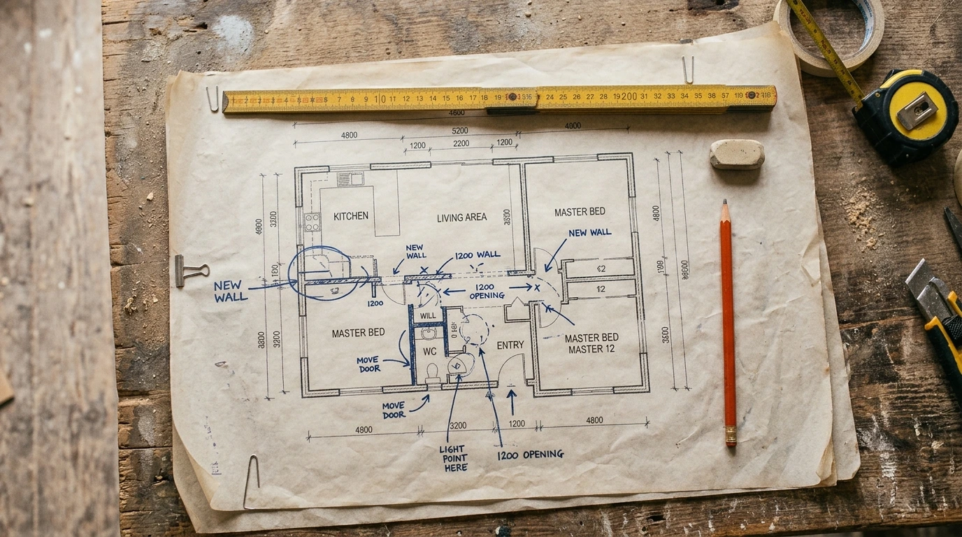 Plan de rénovation annoté posé sur une table de chantier