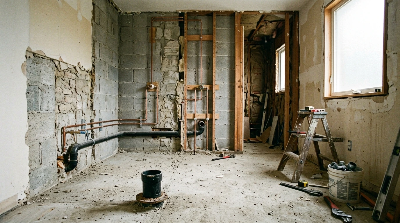 Salle de bain en cours de rénovation, réseaux apparents