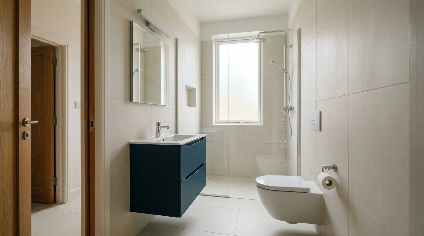 Petite salle de bain de quatre mètres carrés, implantation compacte