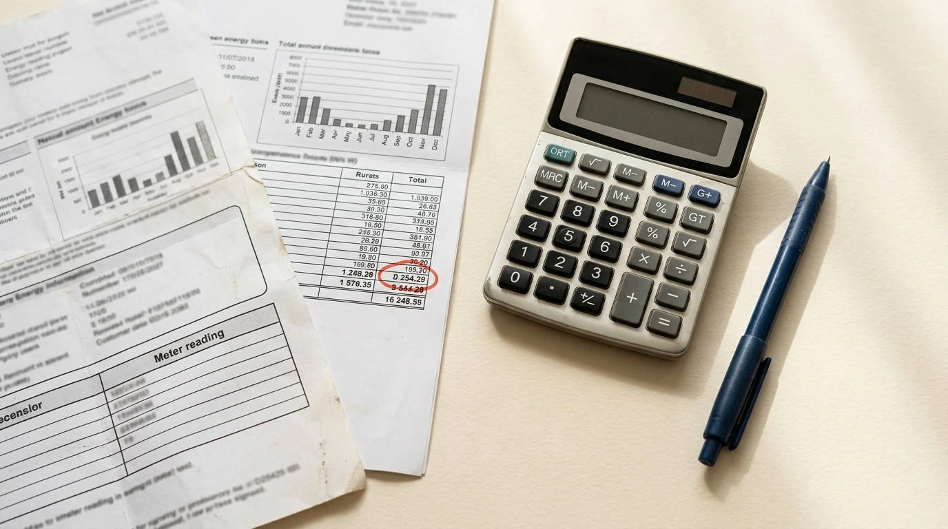 Relevé de consommation et factures d’énergie posés sur une table