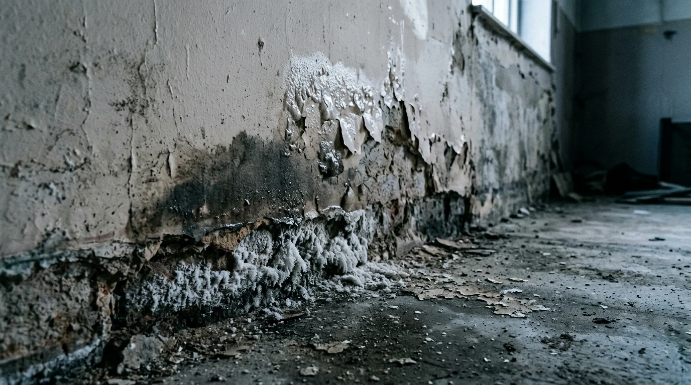 Trace d’humidité au bas d’un mur, avant travaux d’isolation