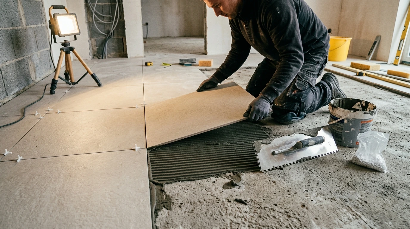 Pose de carrelage grand format sur un sol ragréé