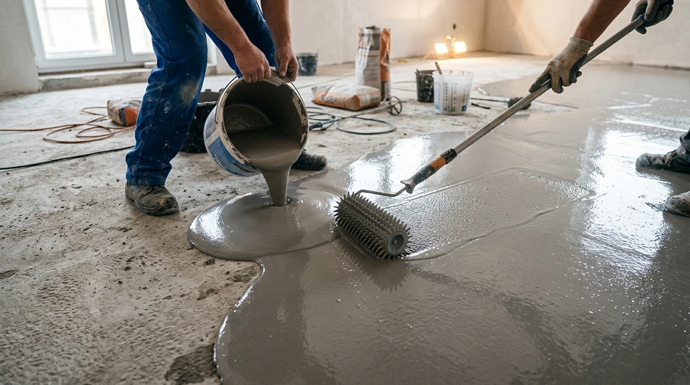 Ragréage autolissant coulé sur un sol avant pose