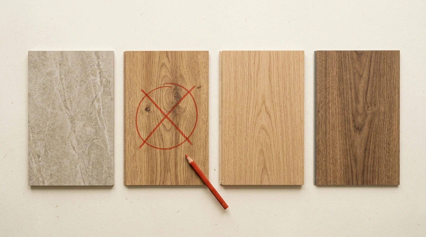Échantillons de carrelage, stratifié et parquet posés côte à côte
