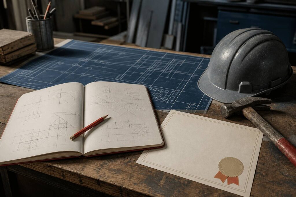 Certificat de qualification posé sur du papier chaud avec casque de chantier et plan en arrière-plan