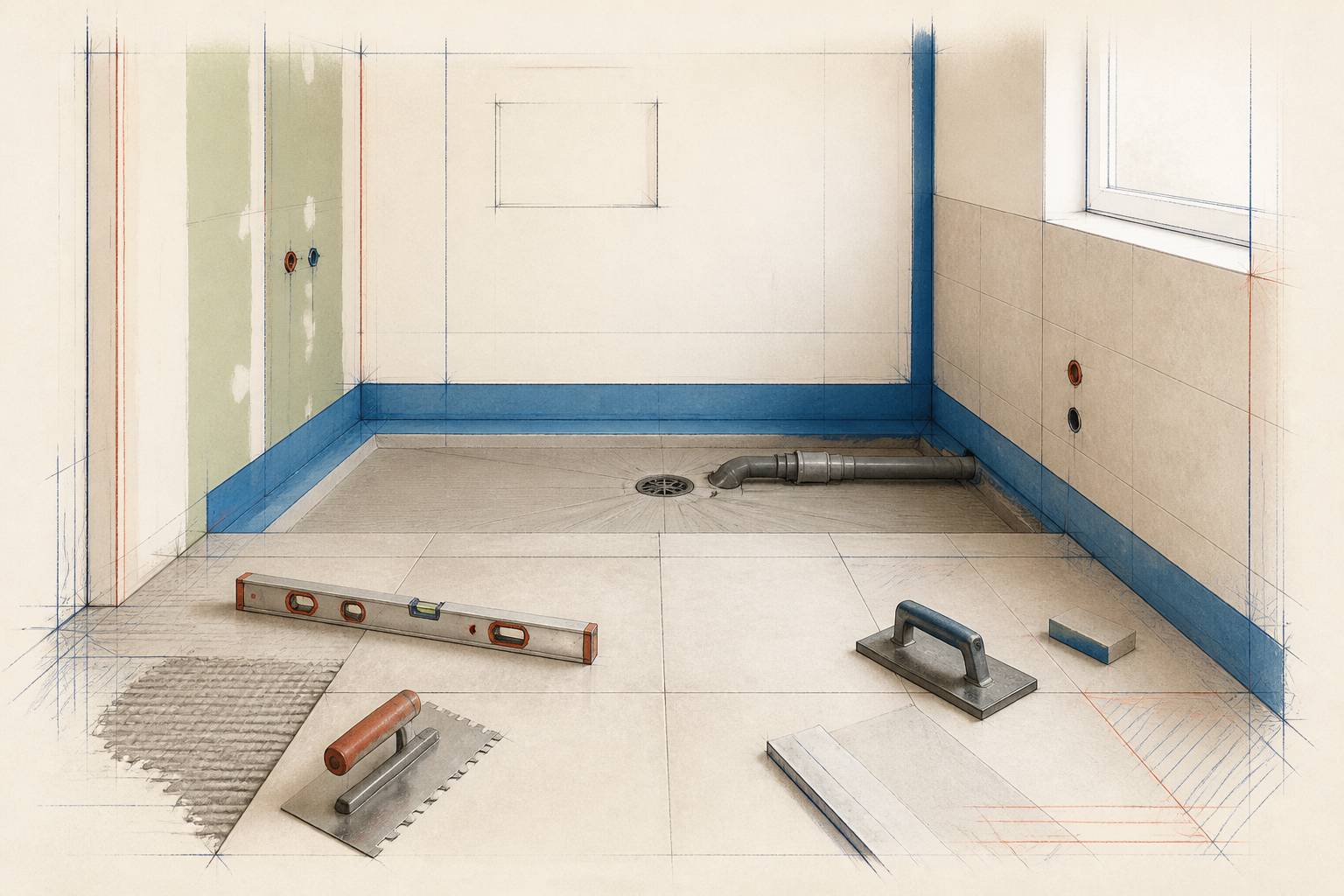 Bonde et tuyau d'évacuation dans la réservation d'une douche