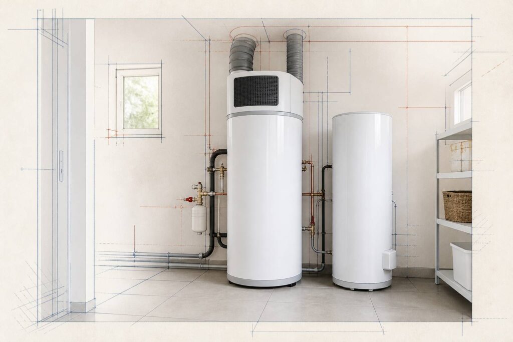 Chauffe-eau thermodynamique installé dans un local technique avec gaines