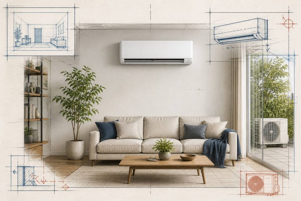 Split mural de climatisation réversible installé dans un séjour moderne