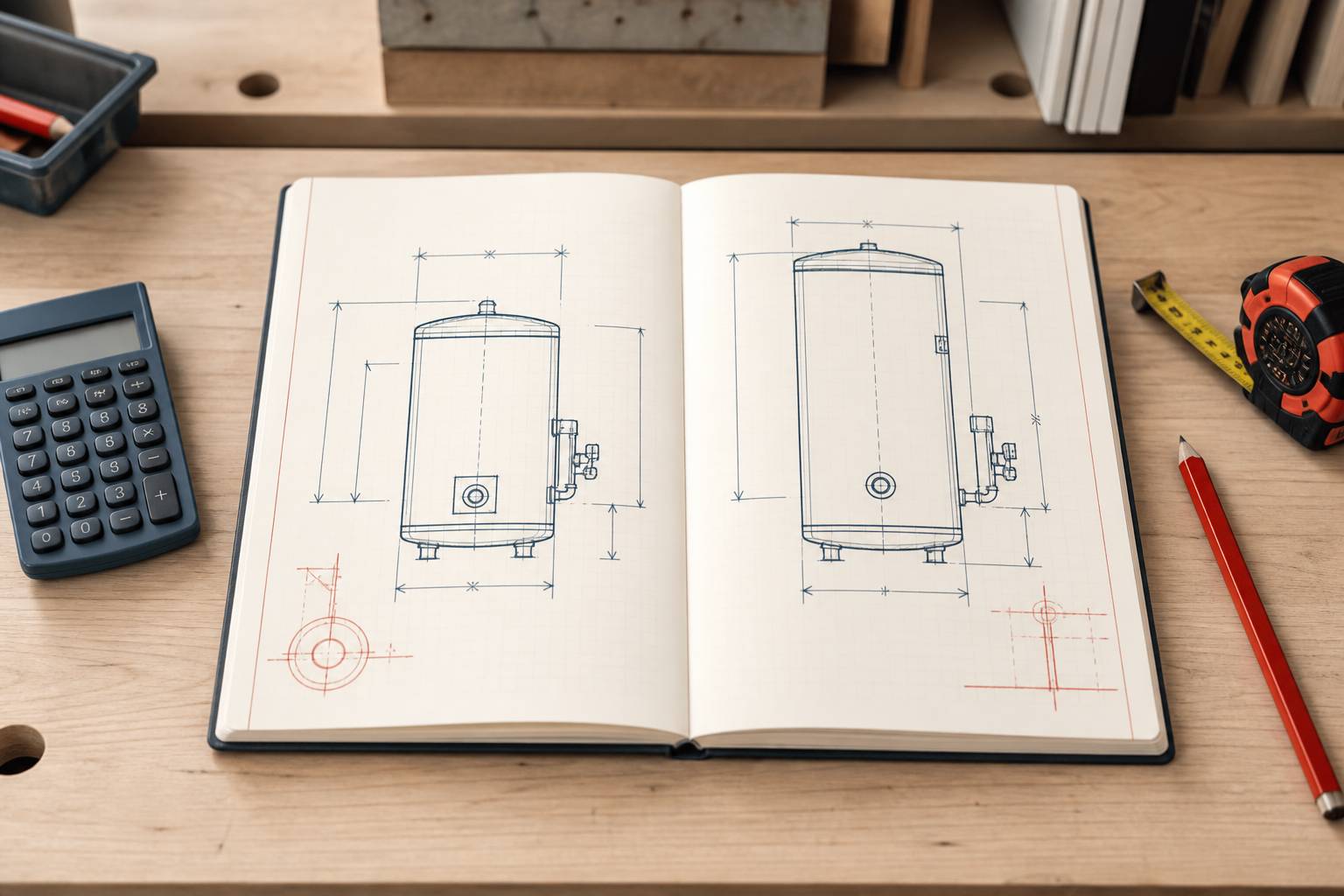 Schéma comparatif de deux chauffe-eau avec calculatrice sur plan de chantier