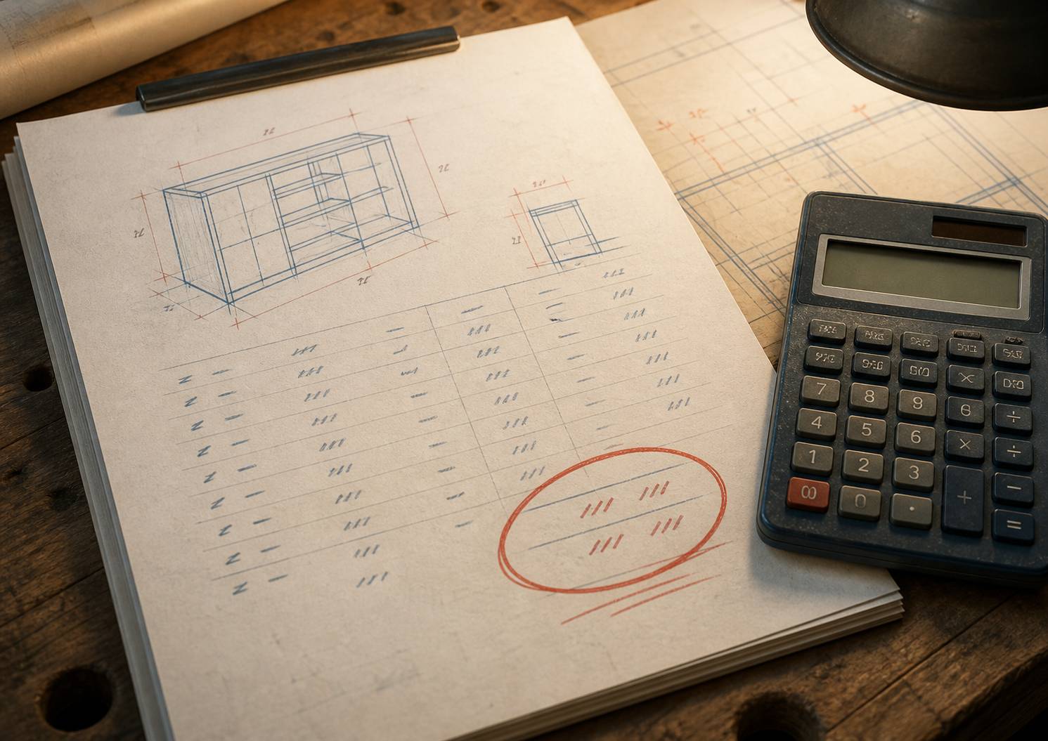 Lignes de chiffres de devis avec un total entouré au crayon rouge et une calculatrice