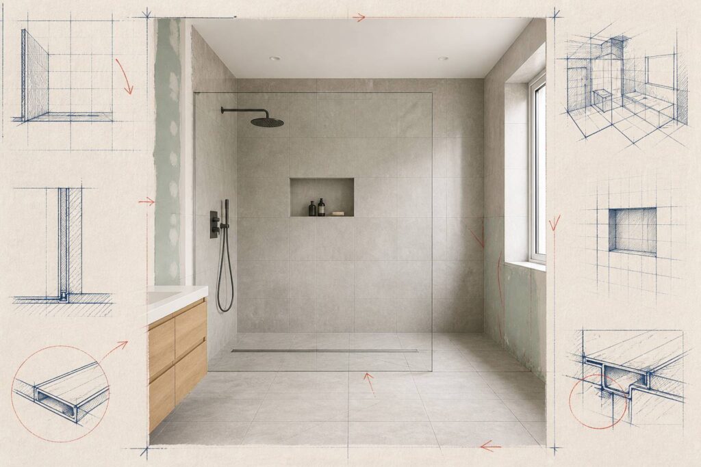 Douche italienne de plain-pied avec caniveau et carrelage grand format