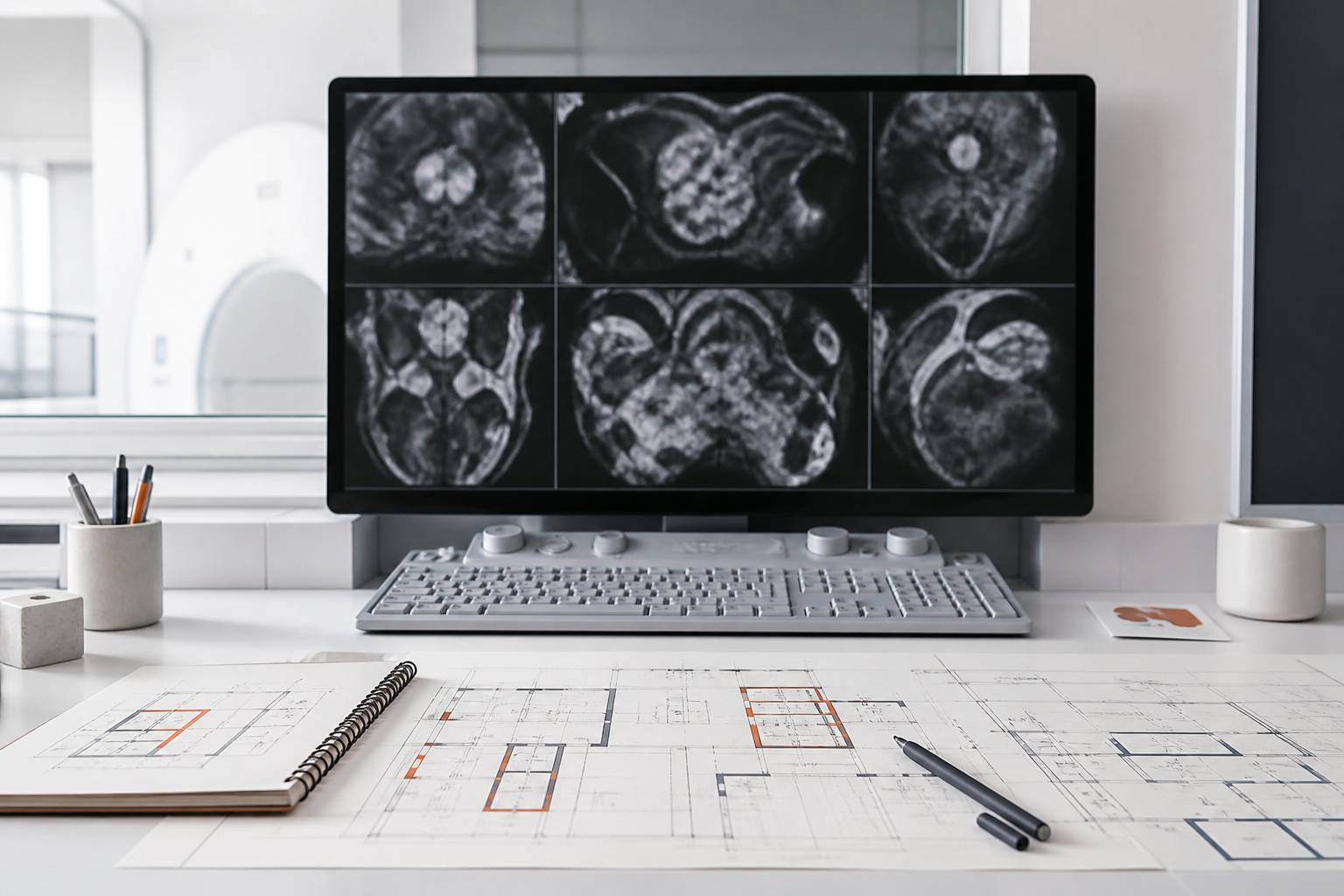 Écran montrant des coupes d'imagerie médicale abstraites