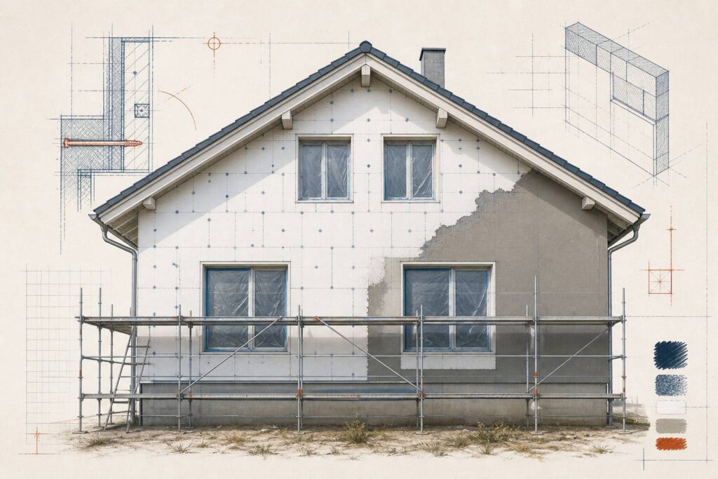 Façade de maison en isolation extérieure avec panneaux isolants et échafaudage