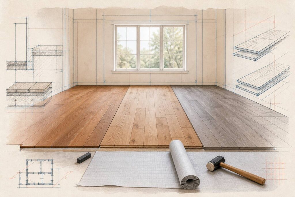 Échantillons de parquet massif, contrecollé et stratifié posés au sol