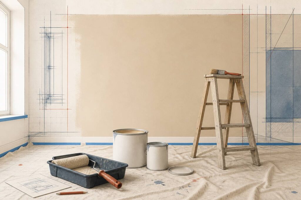 Mur fraîchement peint en deux couches dans une pièce en rénovation
