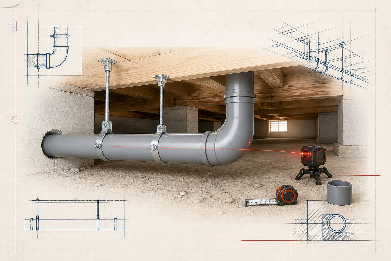 Canalisation d'évacuation PVC avec coude dans un vide sanitaire
