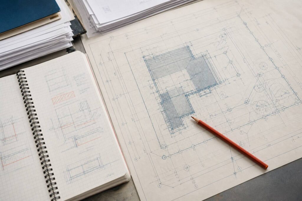 Plan de masse de construction sur une table d'atelier avec crayon rouge et dossiers administratifs