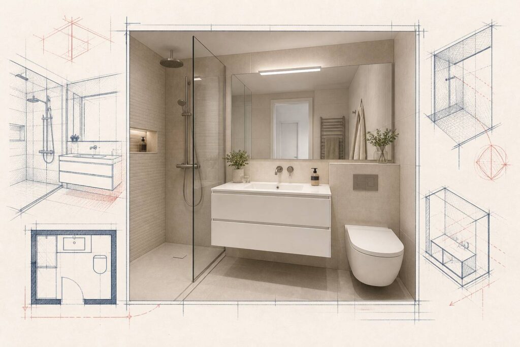 Petite salle de bain aménagée avec douche et meubles suspendus