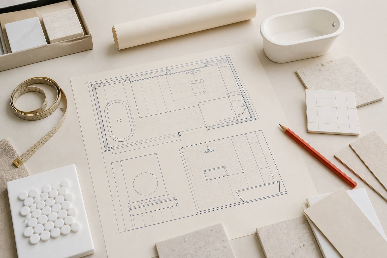 Plan d'aménagement de salle de bain avec échantillons de carrelage