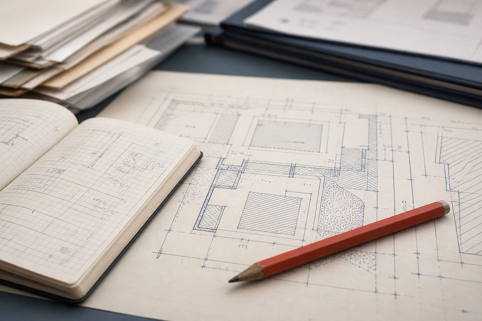 Plan de masse avec surfaces hachurées et traits de schéma, crayon rouge posé dessus