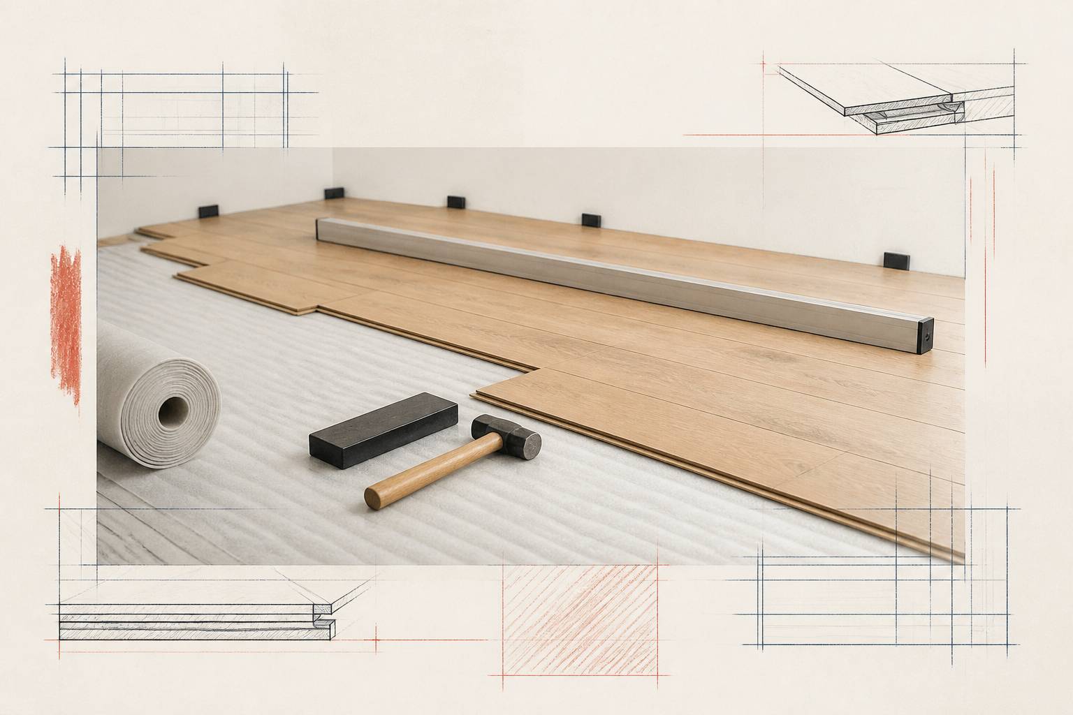 Lames de parquet emboîtées avec marteau de pose et sous-couche