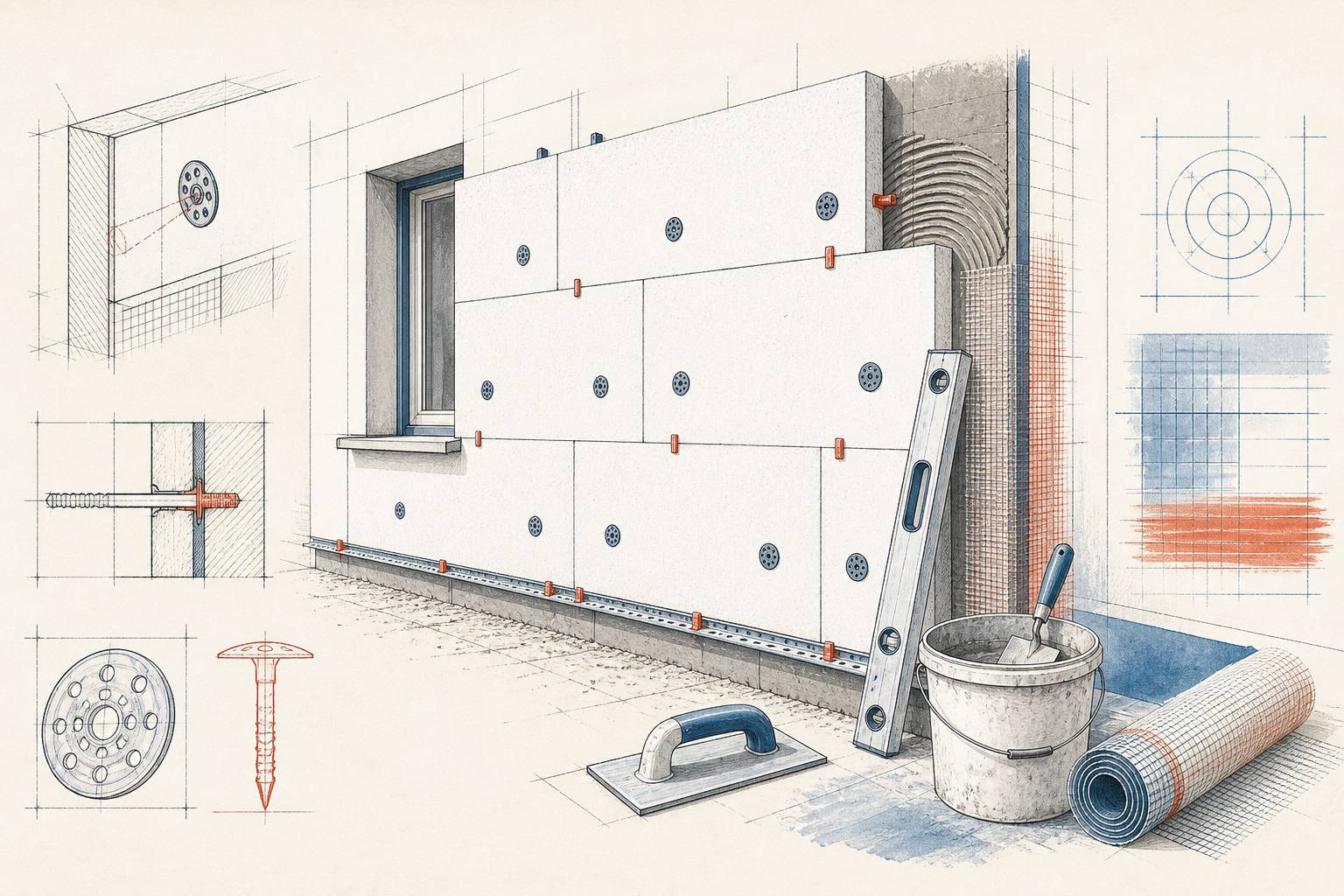 Panneaux isolants fixés au mur avec chevilles et outils d'enduit