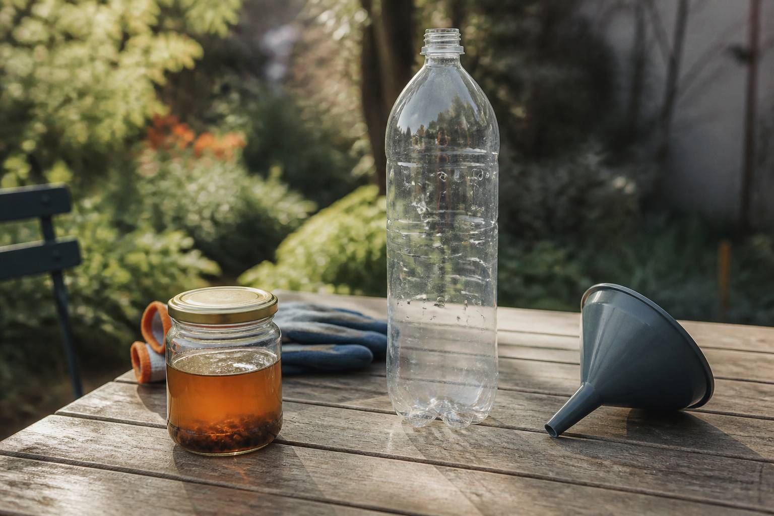 Bouteille percée et appât préparés sur une table de jardin