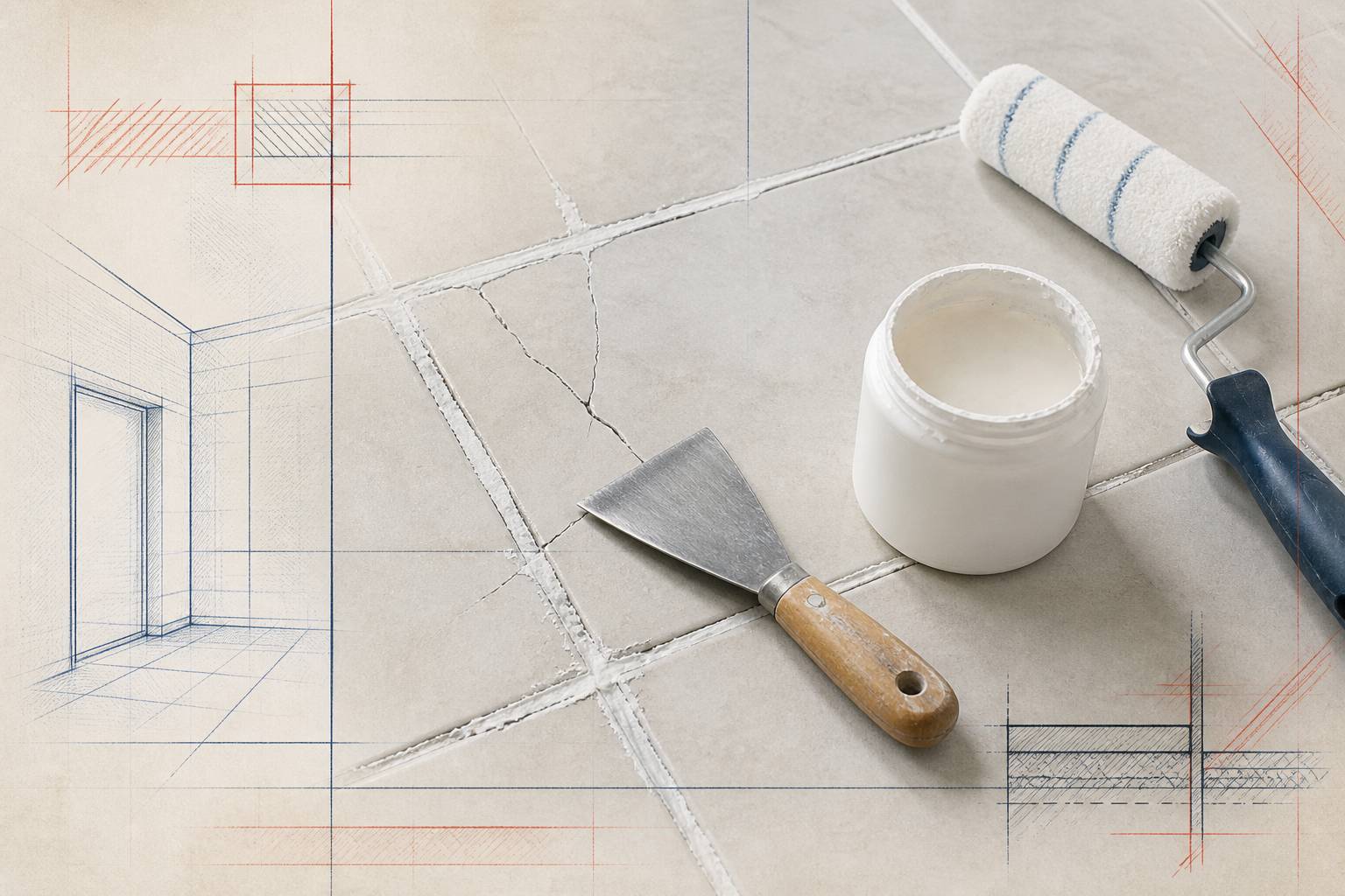 Ancien carrelage préparé avec primaire d'accrochage avant béton ciré