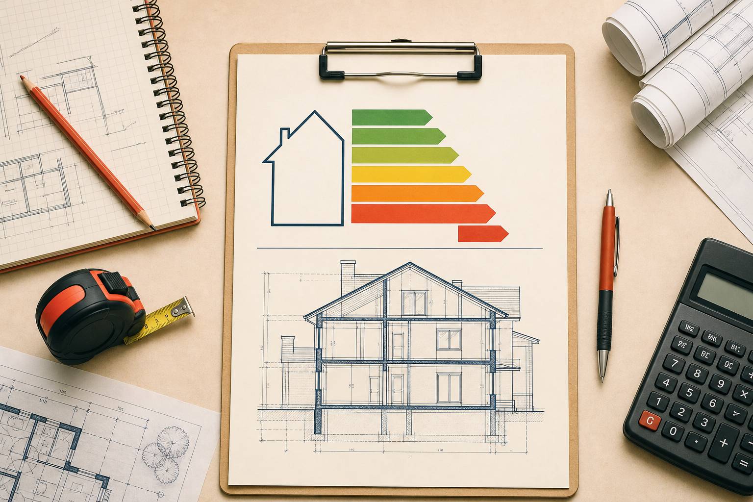 Rapport de DPE avec échelle colorée et plan schématique de maison