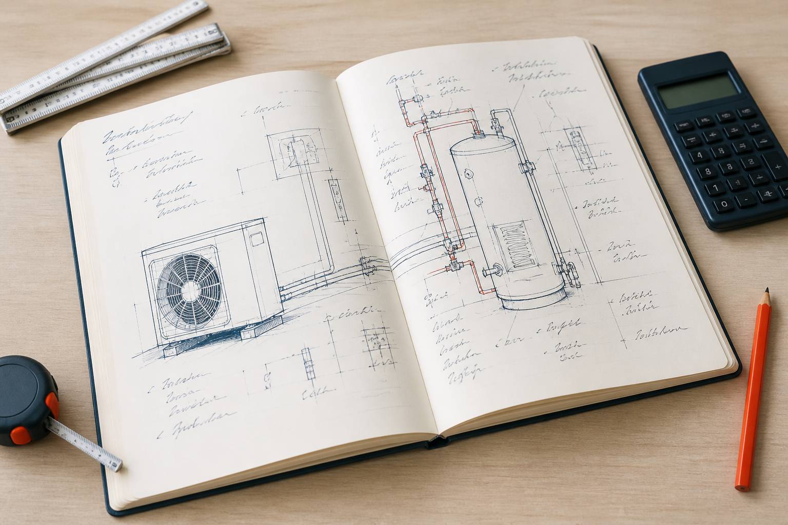 Schéma d'installation de pompe à chaleur sur carnet de métré avec mètre ruban