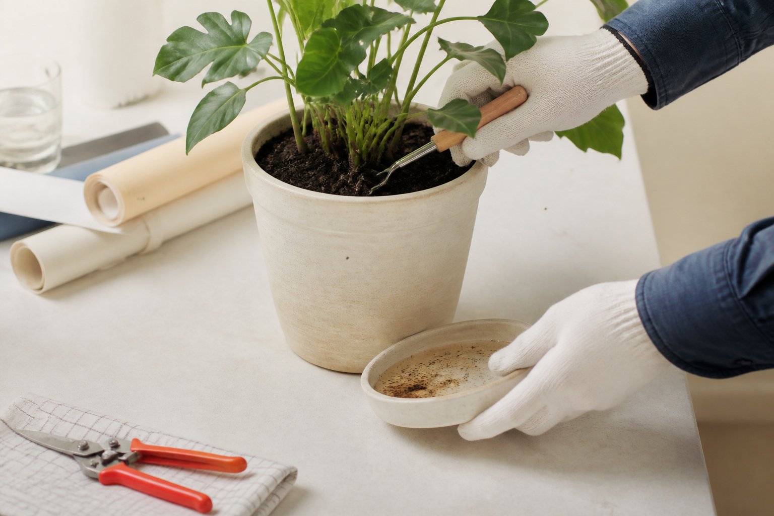 Mains gantées retirant une soucoupe d'eau stagnante sous un pot de plante d'intérieur