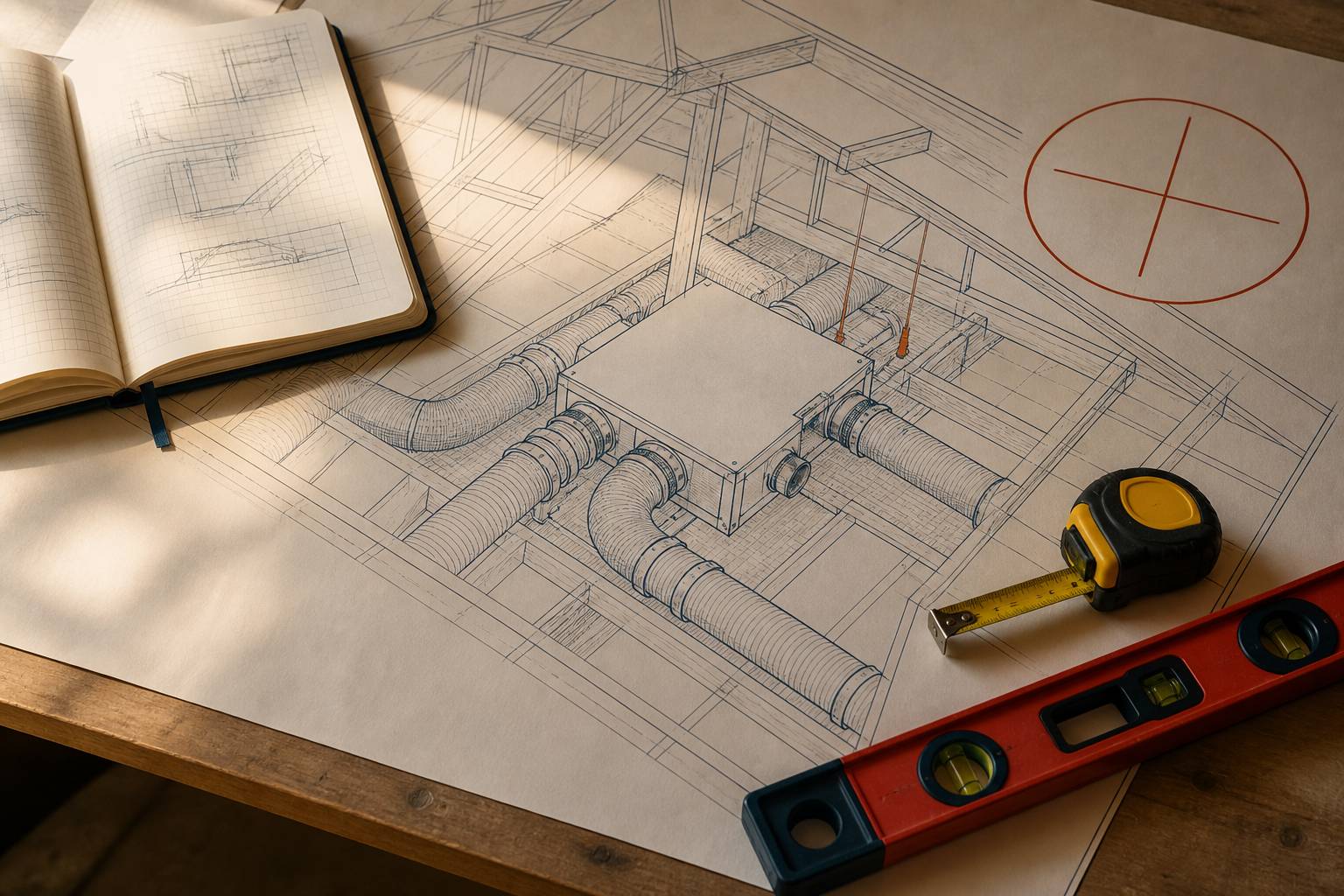 Installation d'une VMC double flux dans des combles avec gaines et colliers de fixation