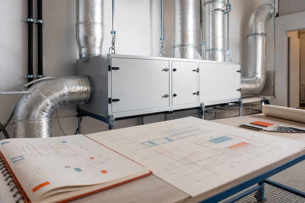 Caisson de VMC double flux avec gaines isolées dans un local technique clair