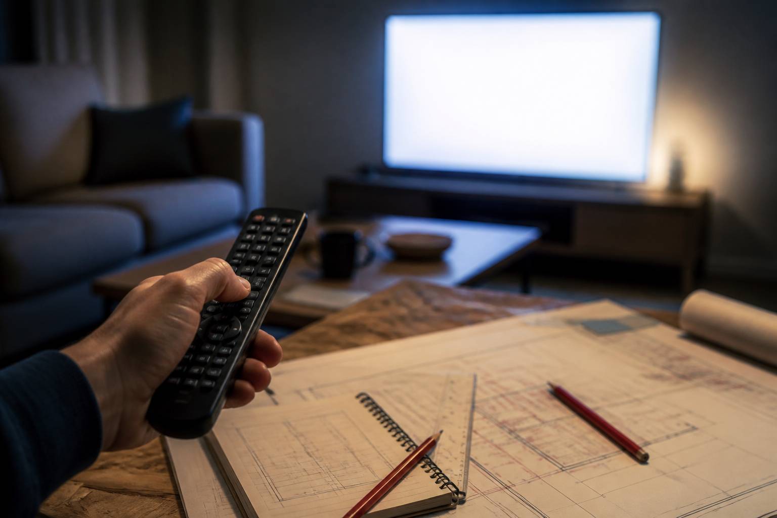 Main tenant une télécommande devant un téléviseur allumé au contenu non identifiable