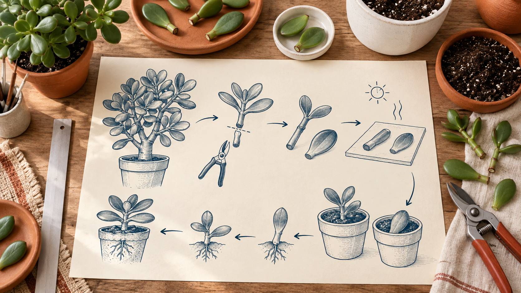 Illustration éditoriale du sujet : Arbre de jade : les techniques indispensables pour bouturer et créer votre propre mini-forêt