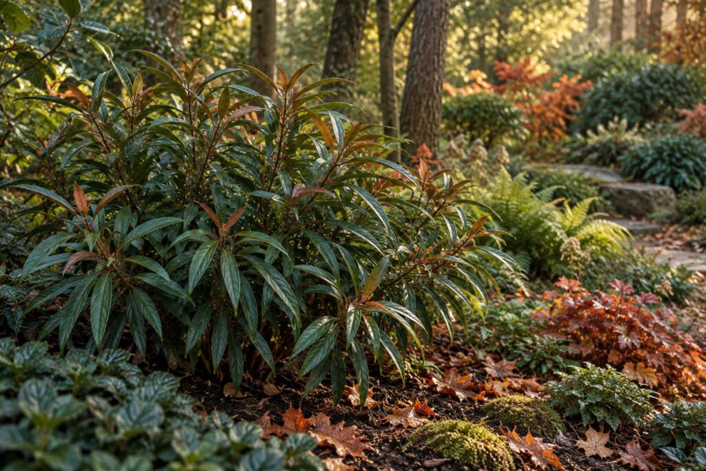Arbuste persistant aux longues feuilles fines dans un massif de jardin