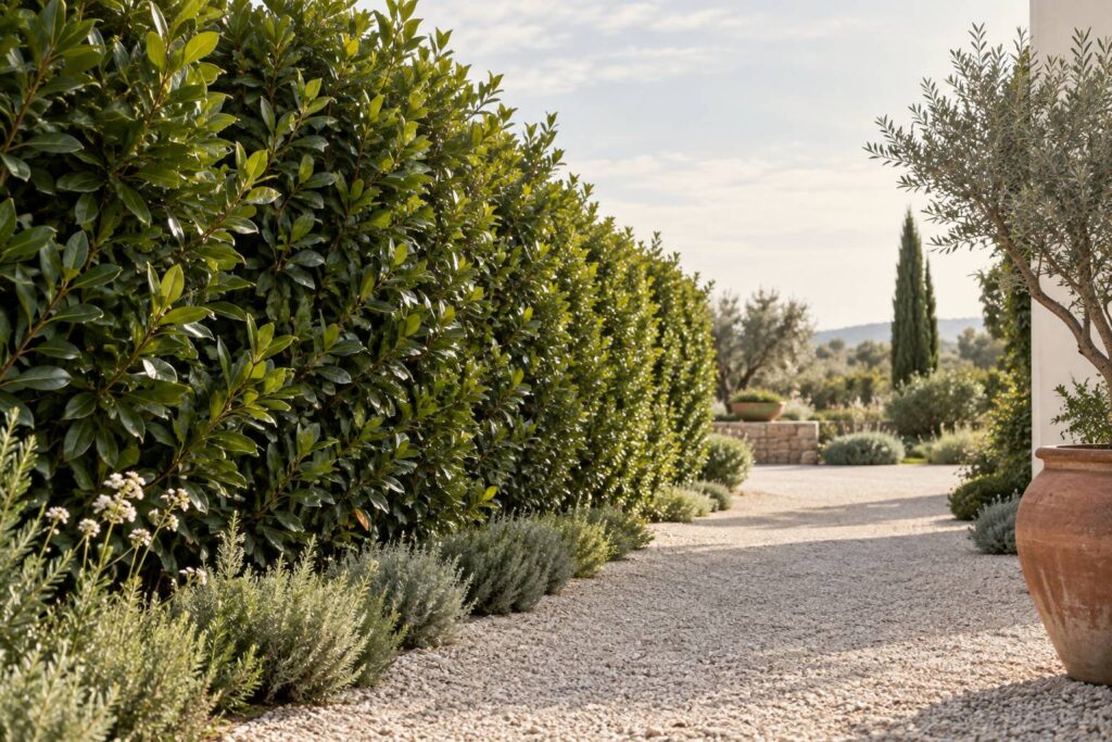 Haie haute d'un arbuste persistant formant un ecran vegetal au jardin