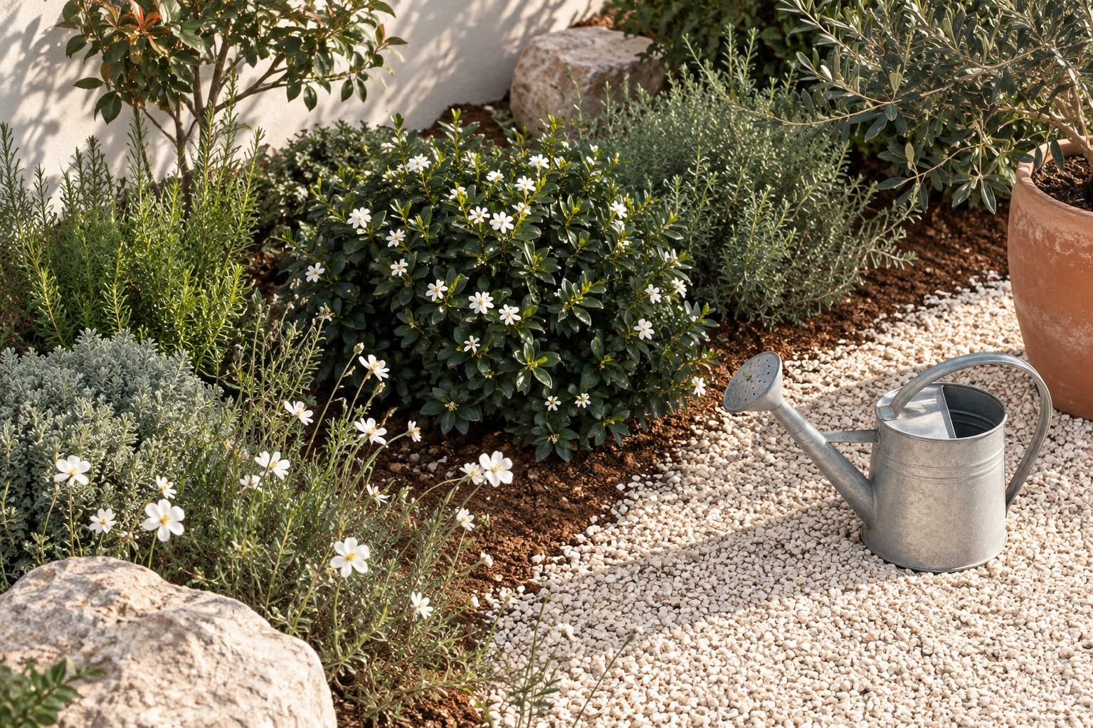 Feuillage persistant dense et fleurs blanches dans un massif