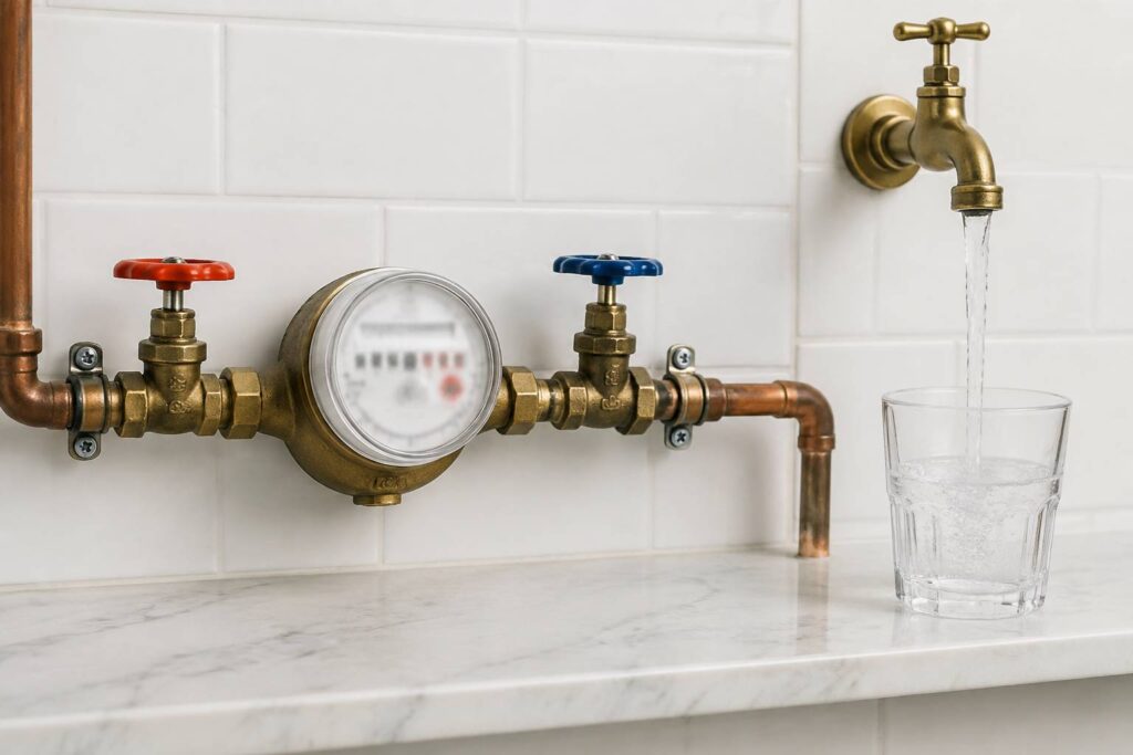 Compteur d'eau générique et canalisation avec un verre d'eau claire près d'un robinet