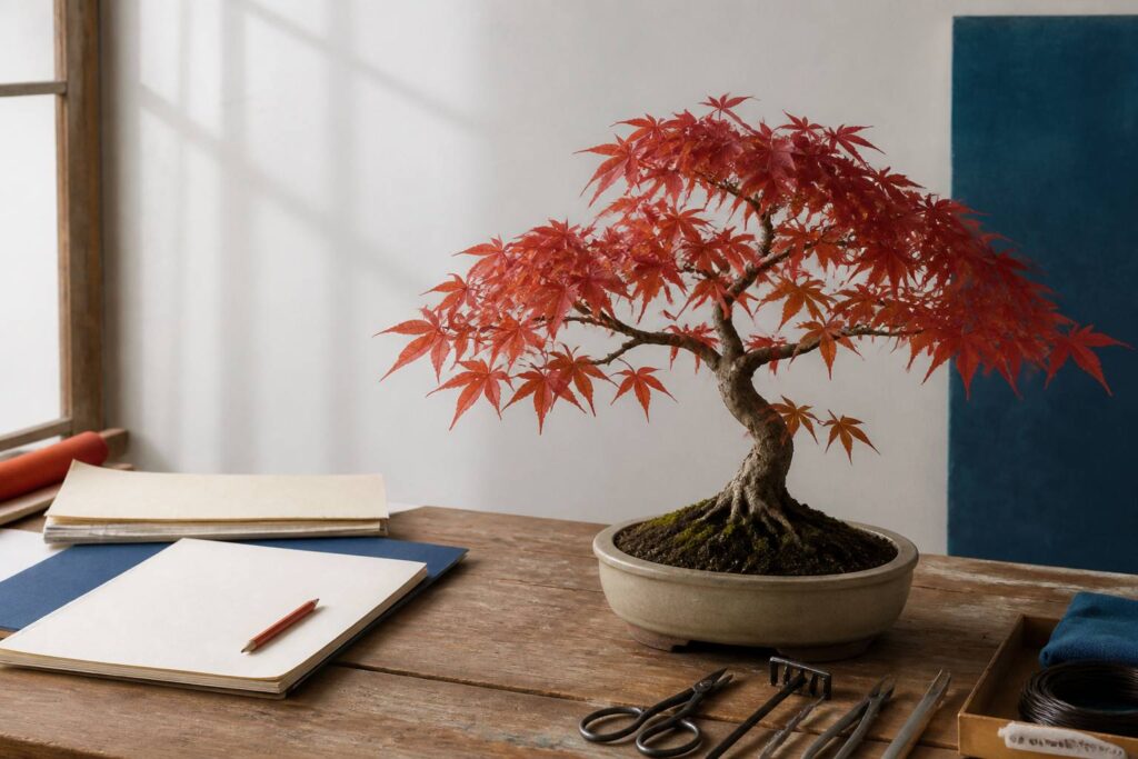 Bonsaï d'érable japonais aux feuilles rouges dans un pot en céramique sur une table d'atelier