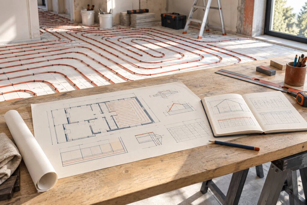Chantier avec plan, carnet de métré et tuyaux de plancher chauffant au sol