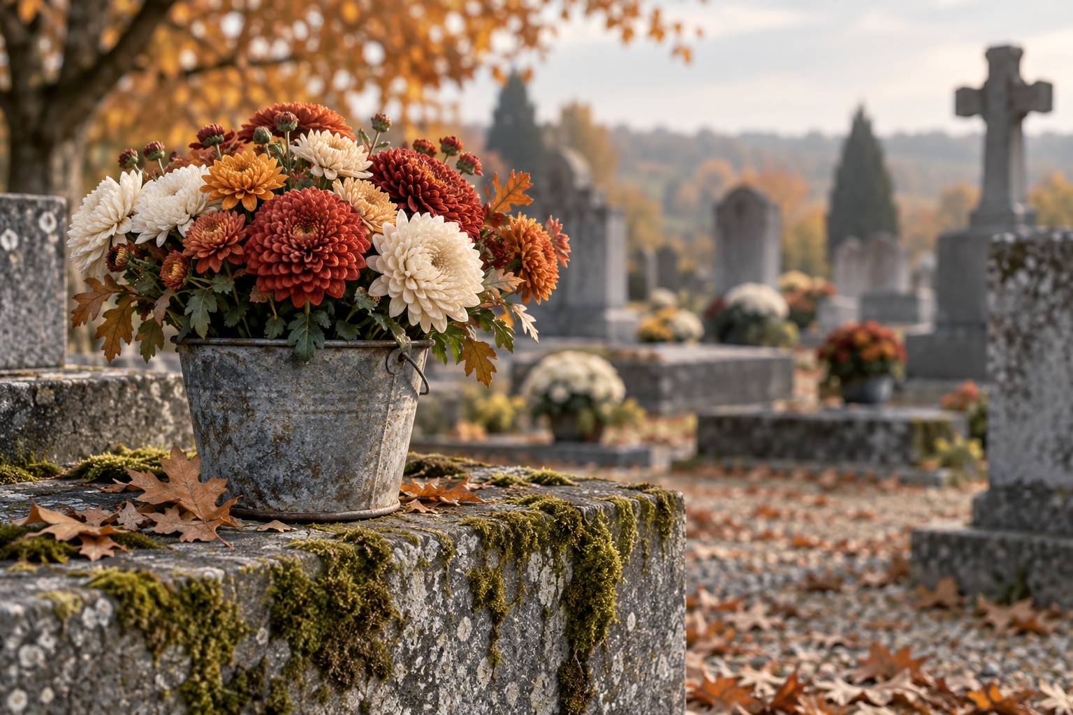 Bouquet de chrysanthèmes multicolores dans un seau de zinc sur un rebord de pierre moussue