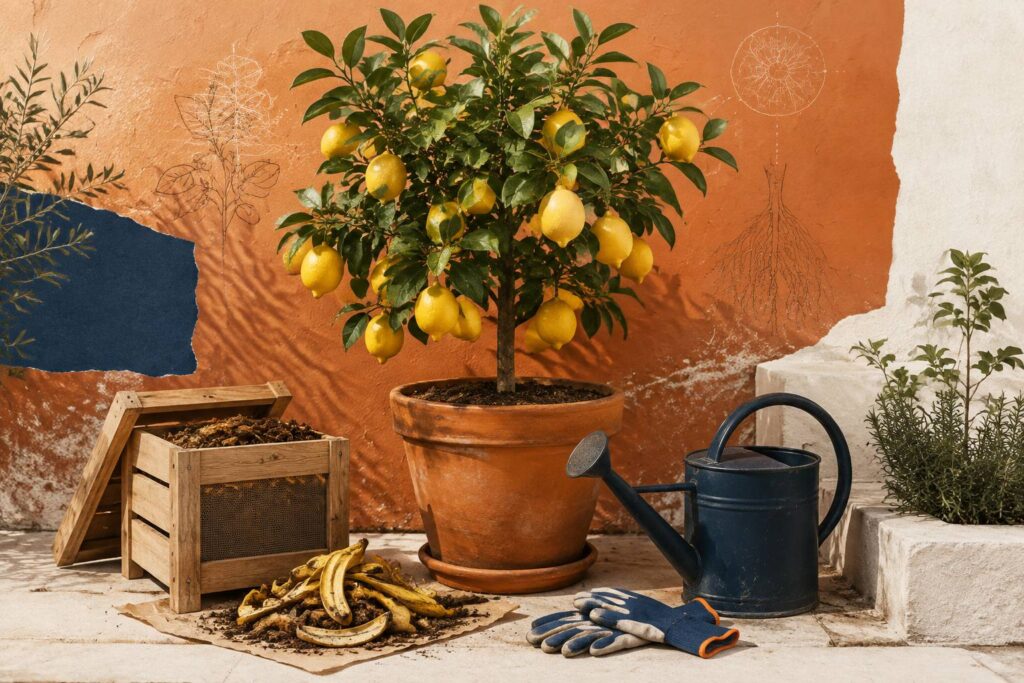 Citronnier en pot chargé de citrons avec compost de fruits