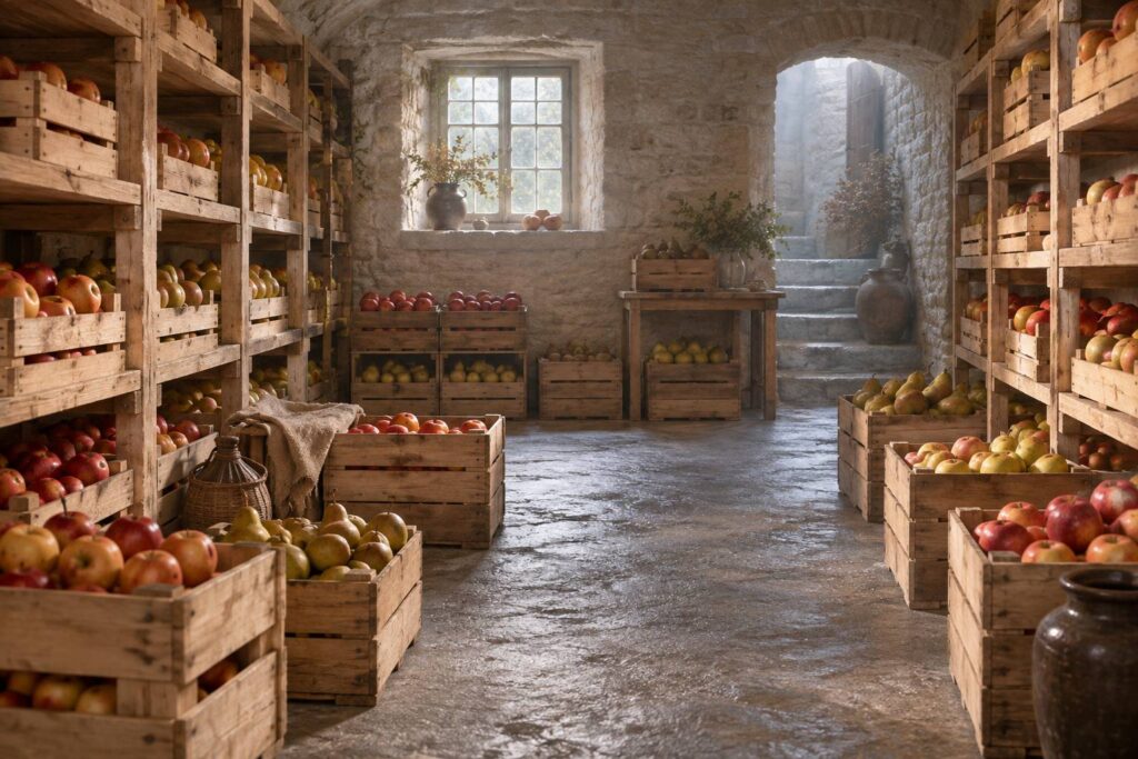 Cageots de pommes et poires ranges dans un local de conservation frais