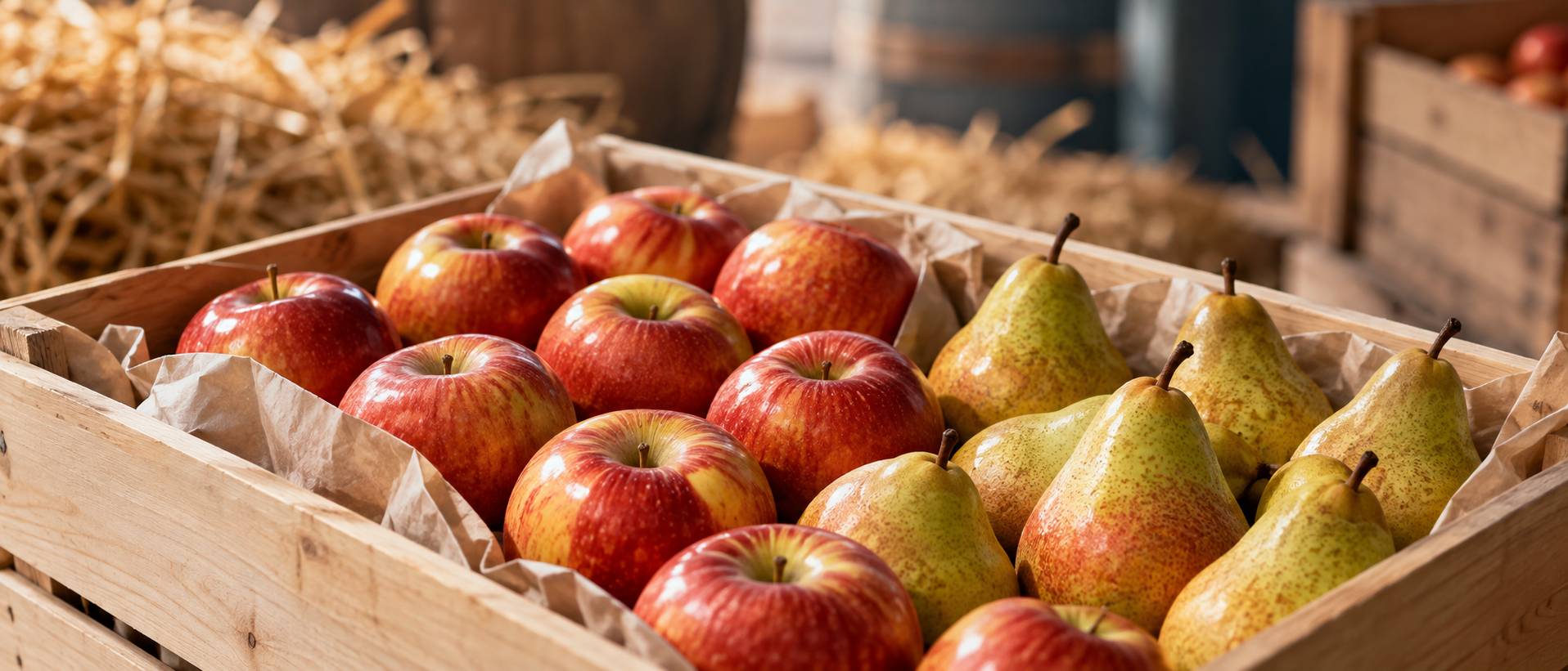 Pommes et poires alignees dans un cageot en bois
