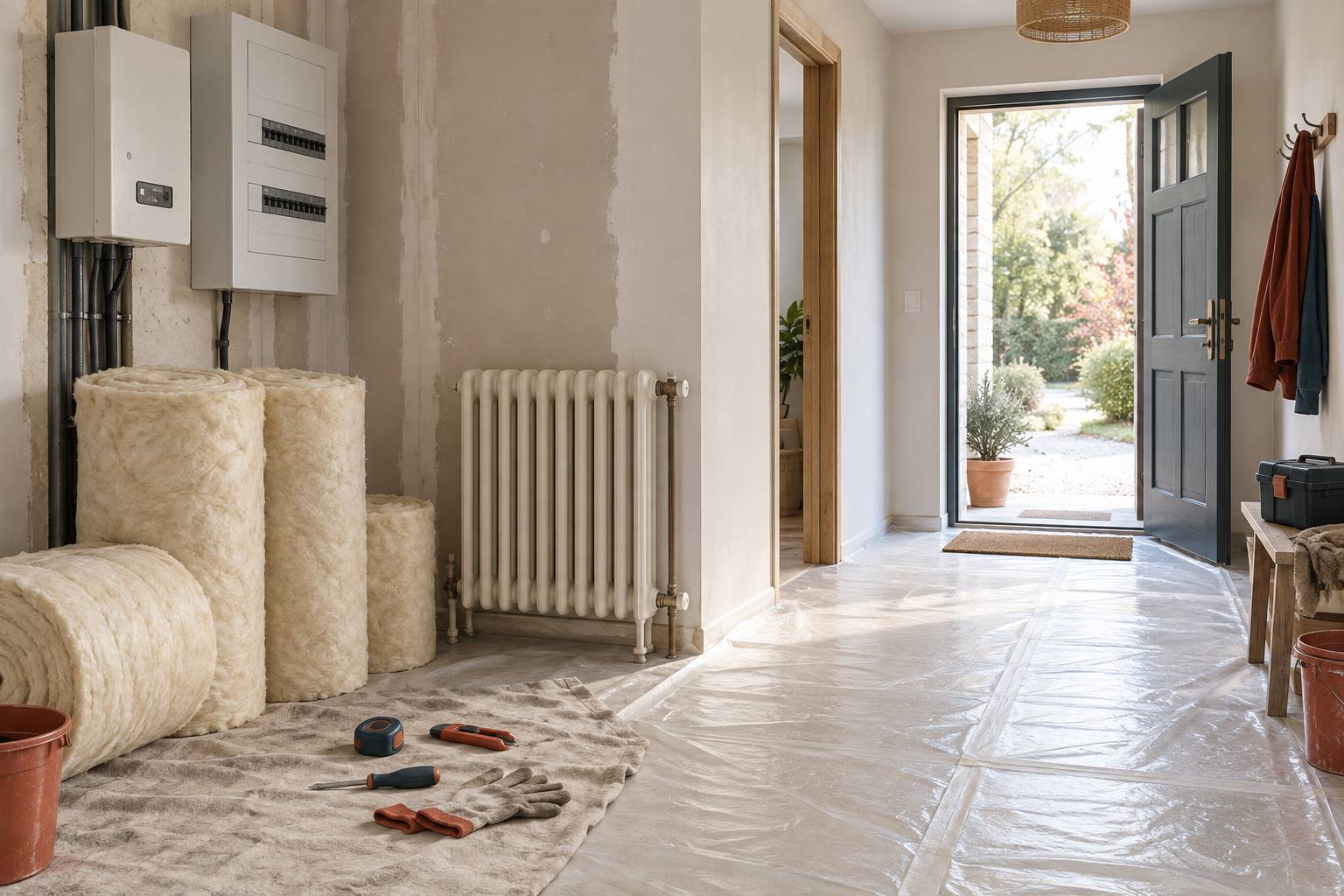 Rouleaux d'isolant et radiateur en fonte dans une entree en travaux