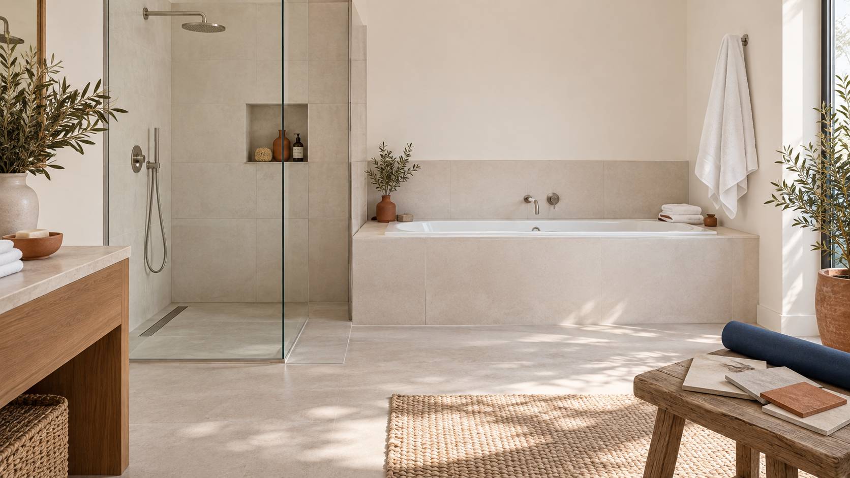 Salle de bains renovee avec paroi de douche et baignoire