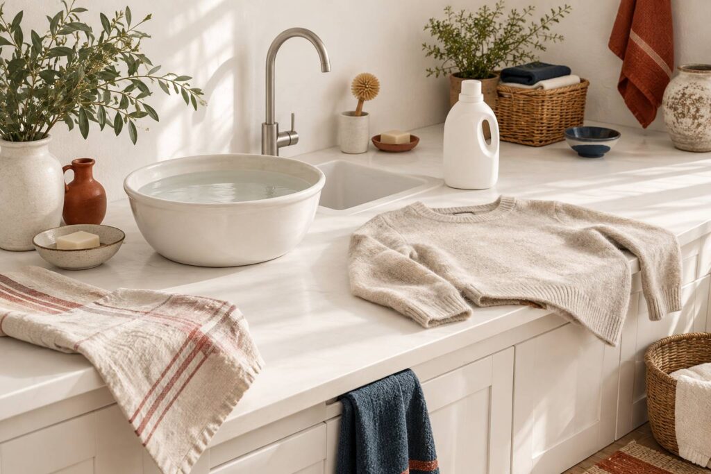 Buanderie claire avec bassine d'eau, pull en laine et flacon sans etiquette