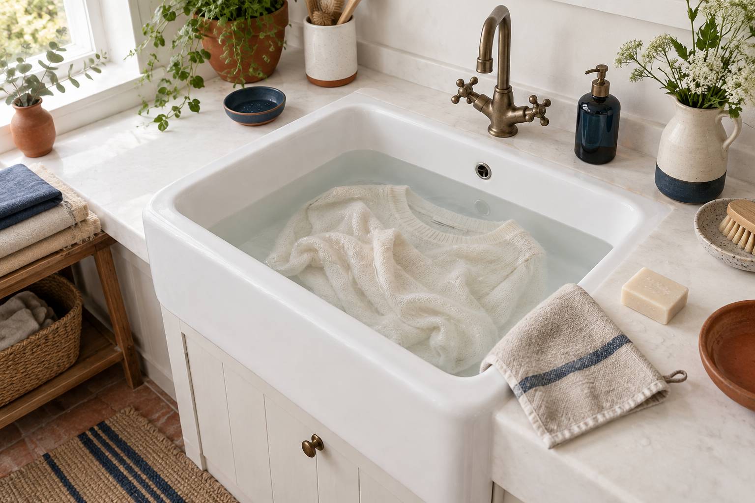 Lavabo d'eau claire avec maille fine immergee et savon neutre